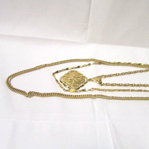 Symbolic Diamond Shape Gold Tone Pendant Elegant Multi Strand Necklace - Picture 11 of 11